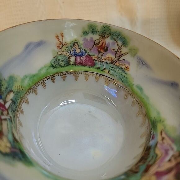VTG Del Mar Japan Lustreware  Cup and Saucer Footed 24K Gold Trim Pastoral scene - Picture 12 of 14